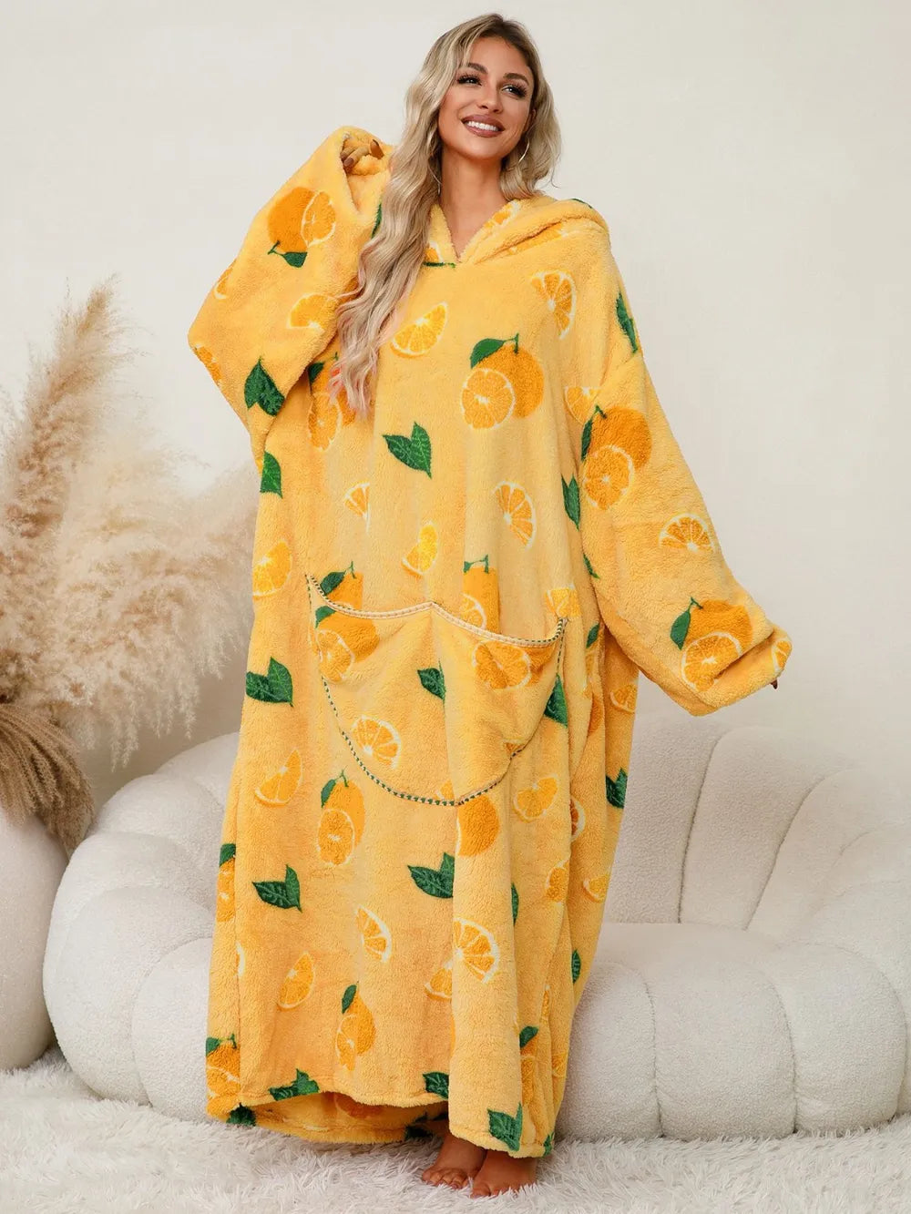 Fuzzy Pocketed Long Sleeve Hooded Lounge Dress