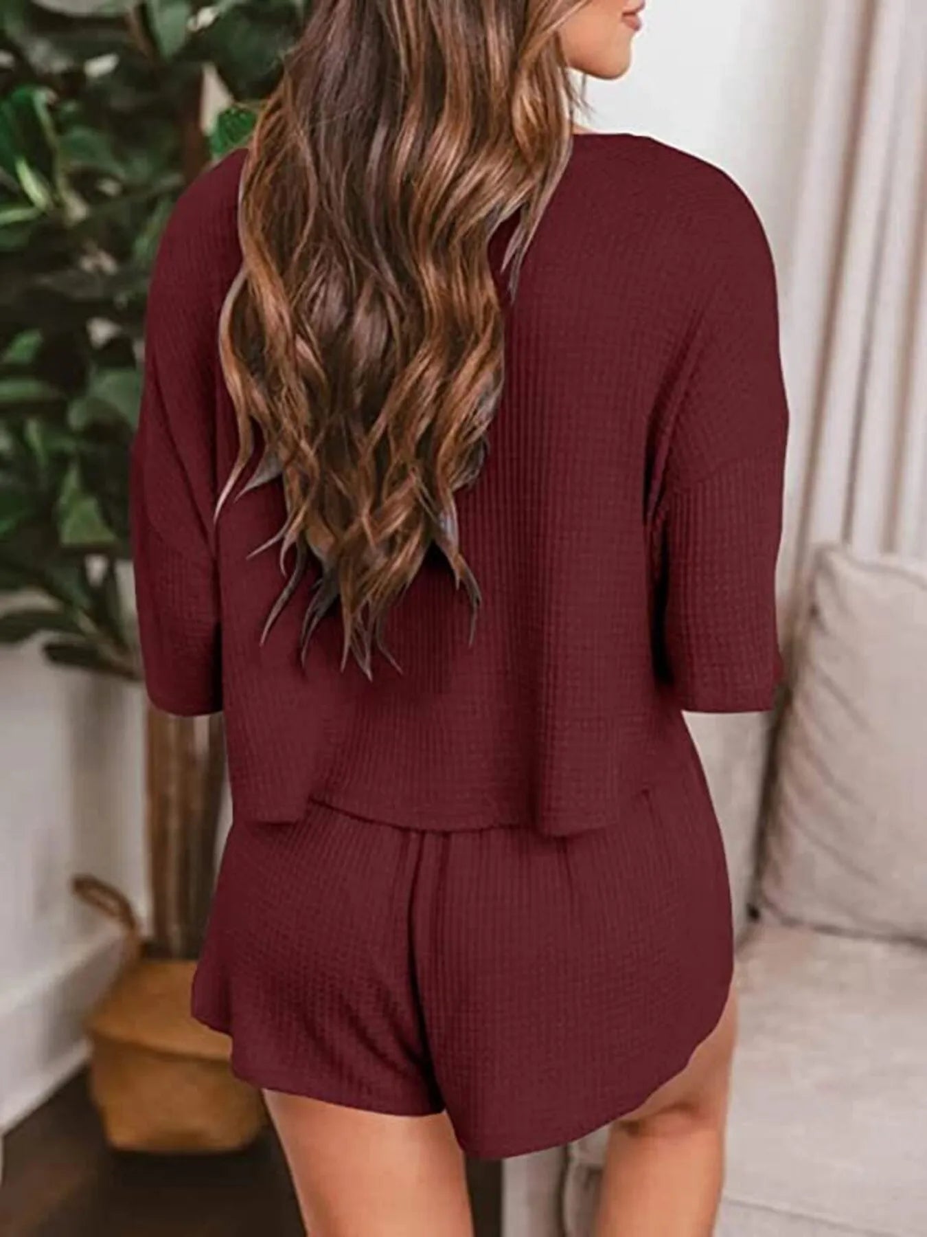 Waffle Knit Top and Shorts Lounge Set